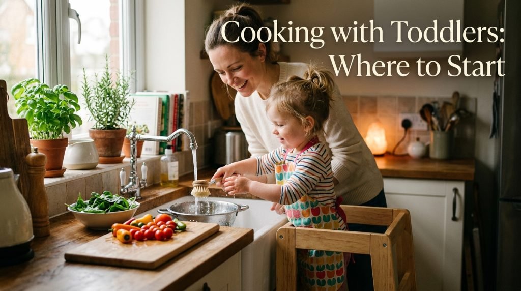 Toddler washing vegetables at the kitchen sink