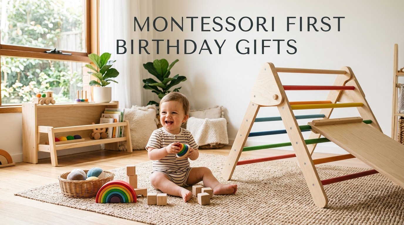 Toddler climbing a Pikler triangle, which is Montessori adjacent rather than Montessori