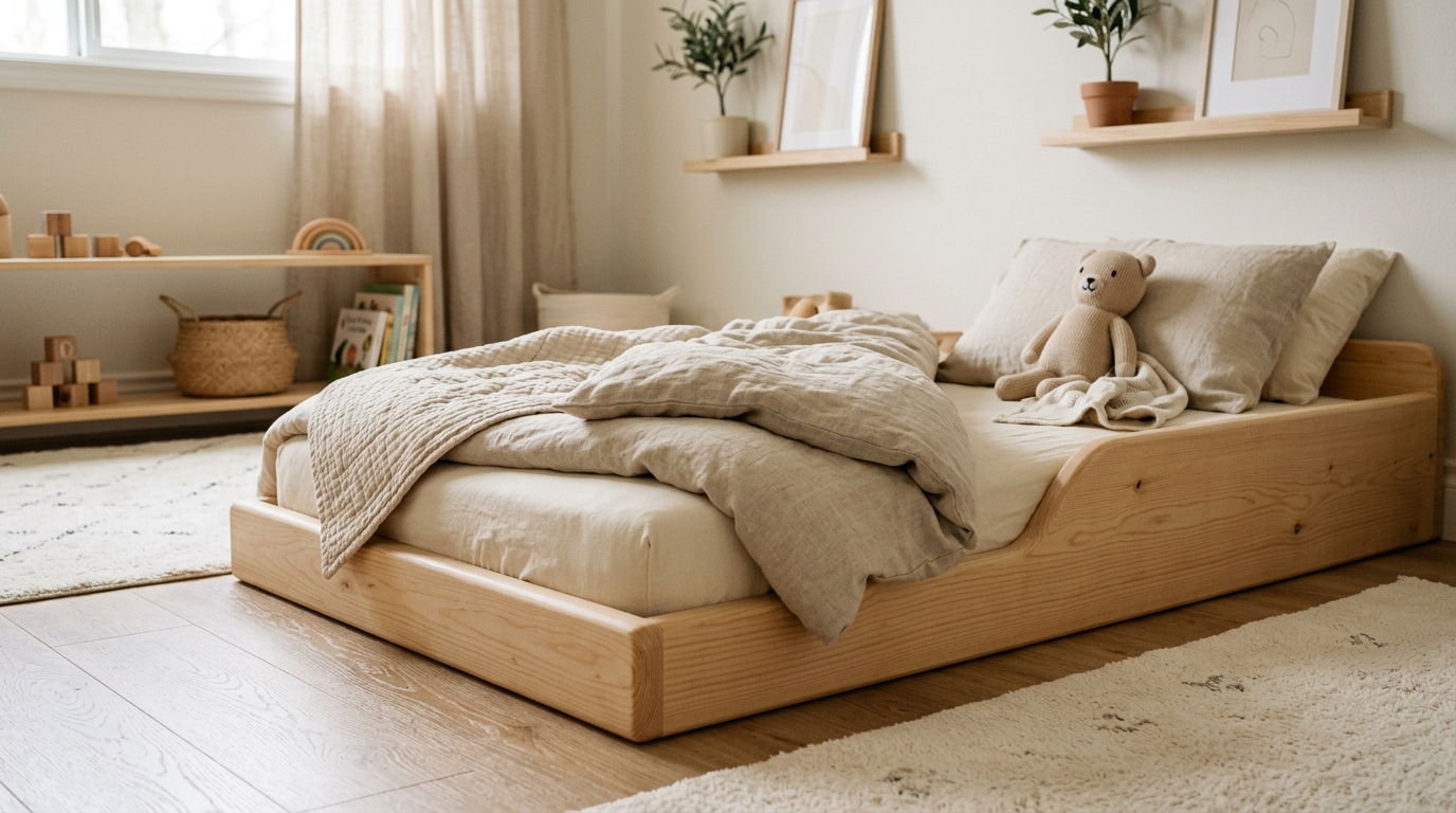 Toddler wooden floor bed placed low in the corner of a room