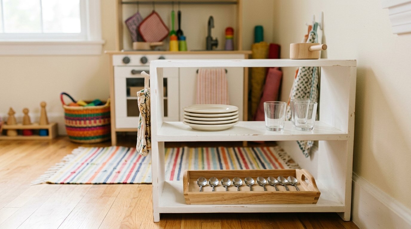 Low open shelves holding child-accessible cups and plates
