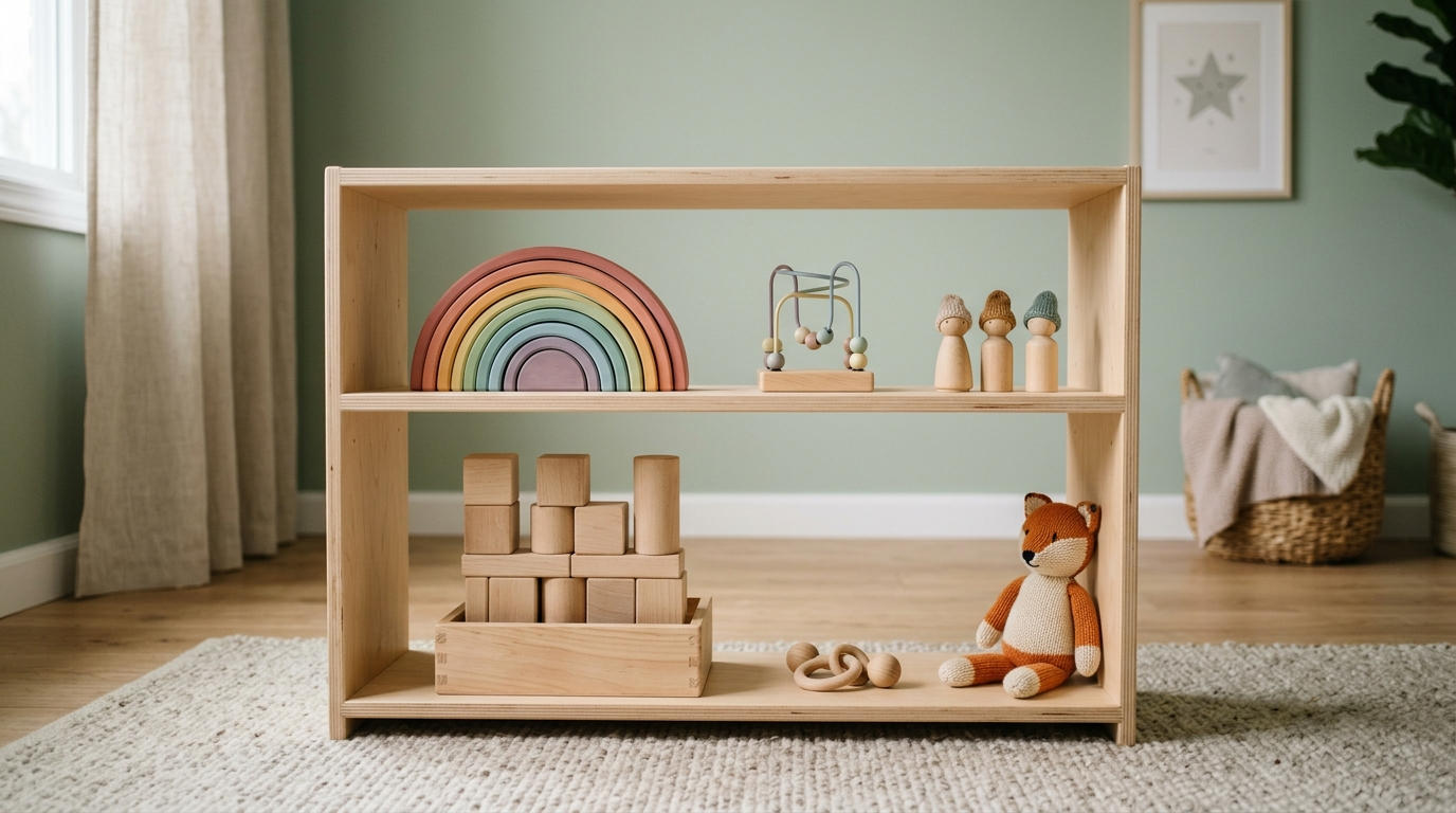 Low wooden shelf holding a small rotation of Montessori toys